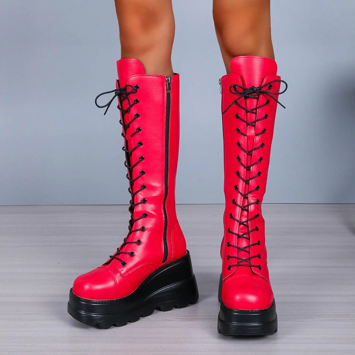 KOKOMOMO Womens Chains Goth Platform Boots Lace Up Chunky Heel Knee High Combat Military Boots
