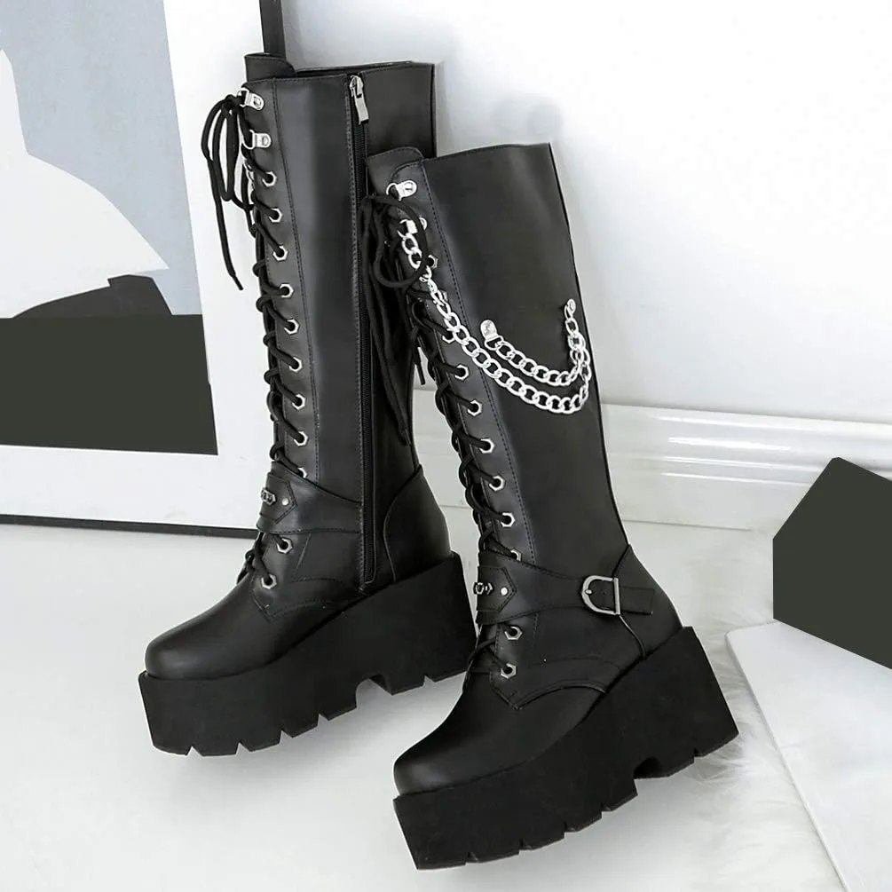KOKOMOMO Womens Chains Goth Platform Boots Lace Up Chunky Heel Knee High Combat Military Boots