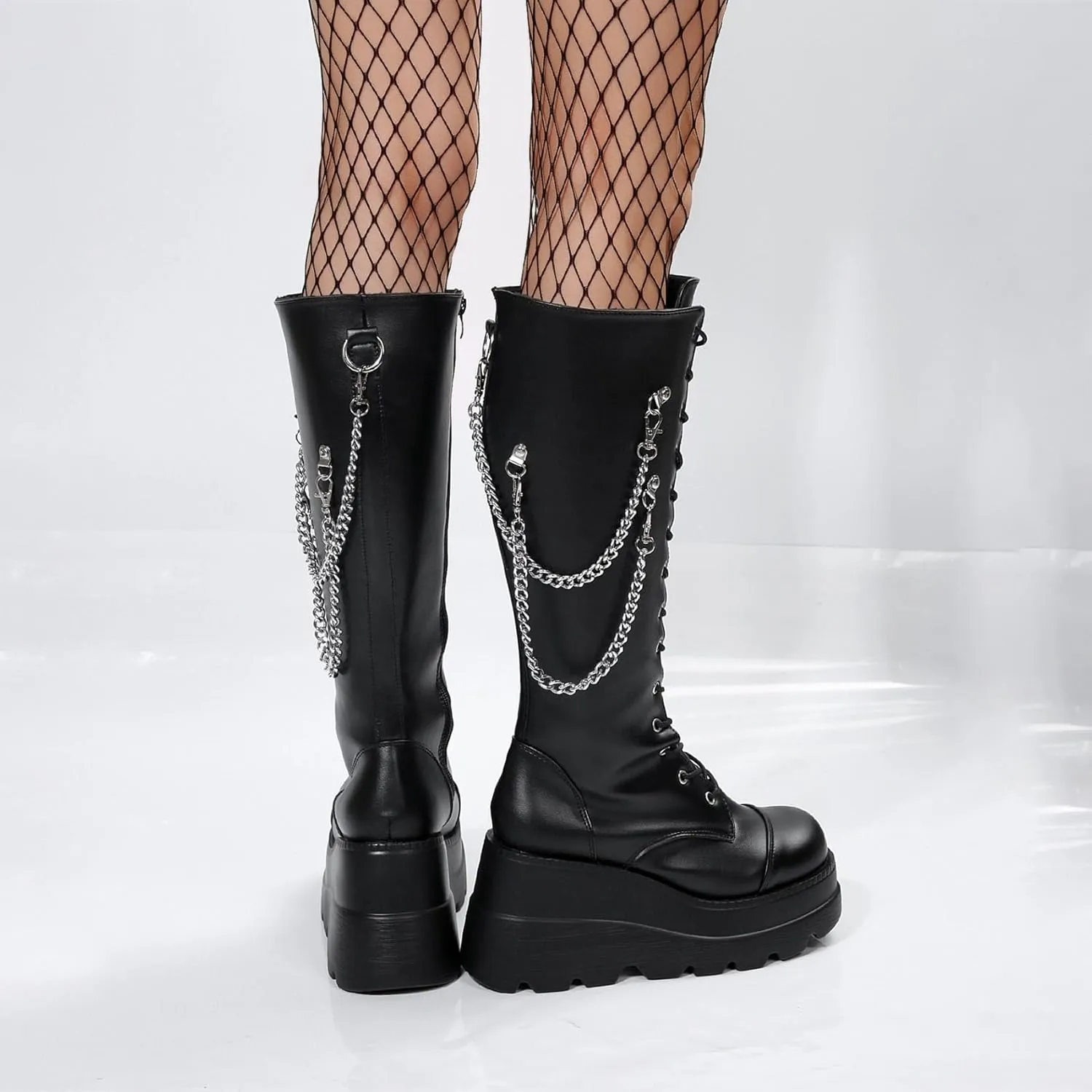 KOKOMOMO Womens Chains Goth Platform Boots Lace Up Chunky Heel Knee High Combat Military Boots