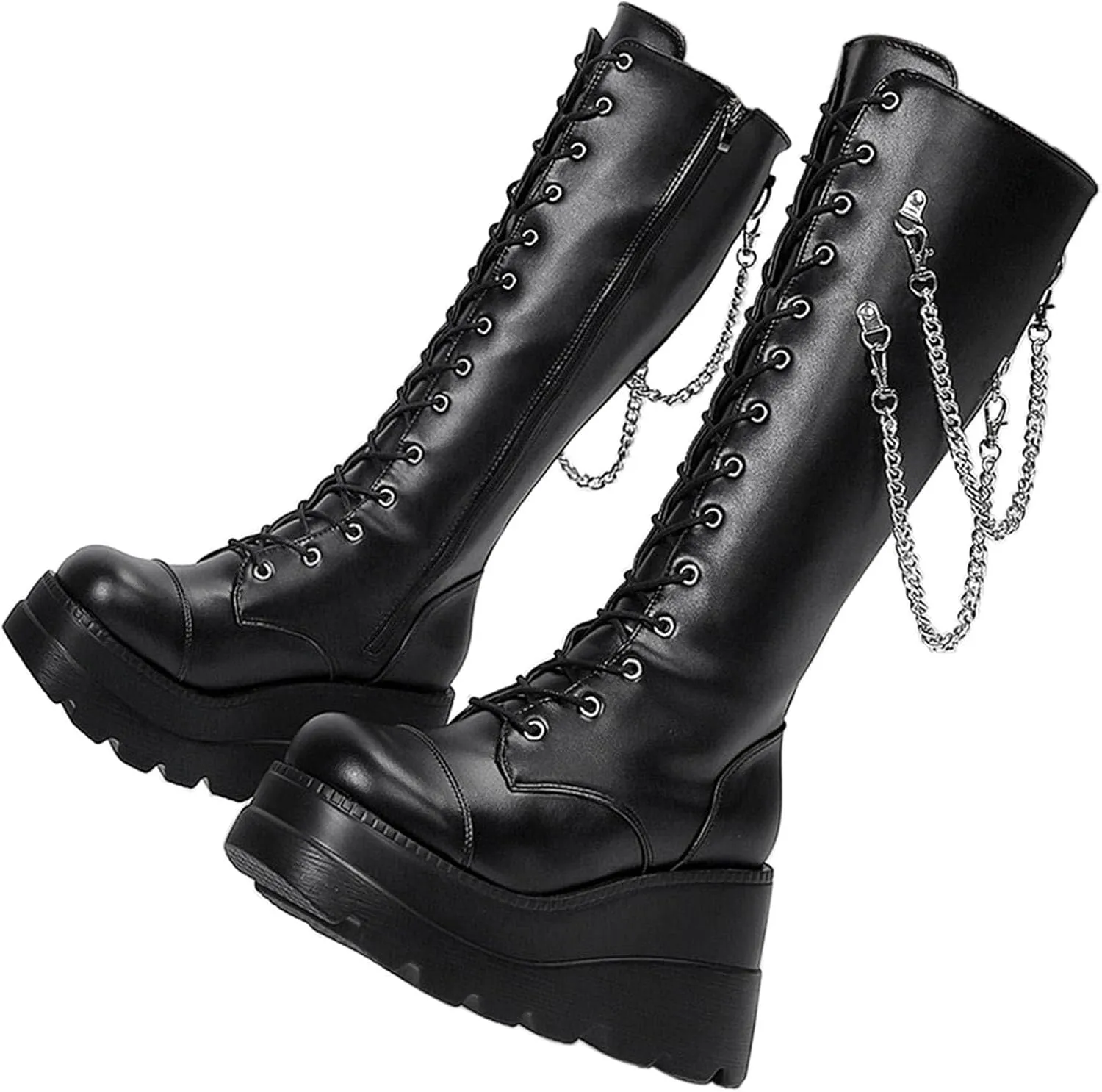 KOKOMOMO Womens Chains Goth Platform Boots Lace Up Chunky Heel Knee High Combat Military Boots