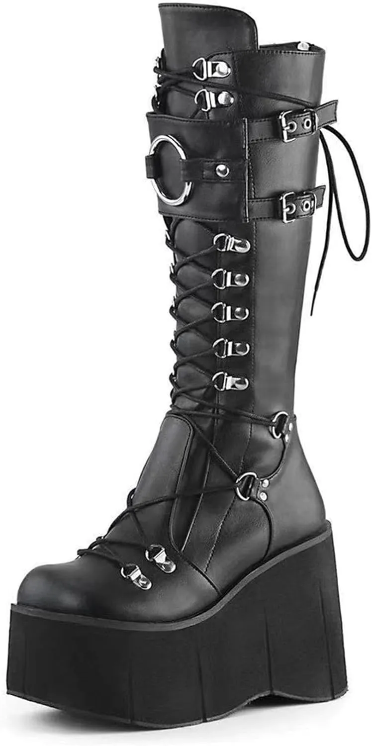 KOKOMOMO Womens Chains Goth Platform Boots Lace Up Chunky Heel Knee High Combat Military Boots