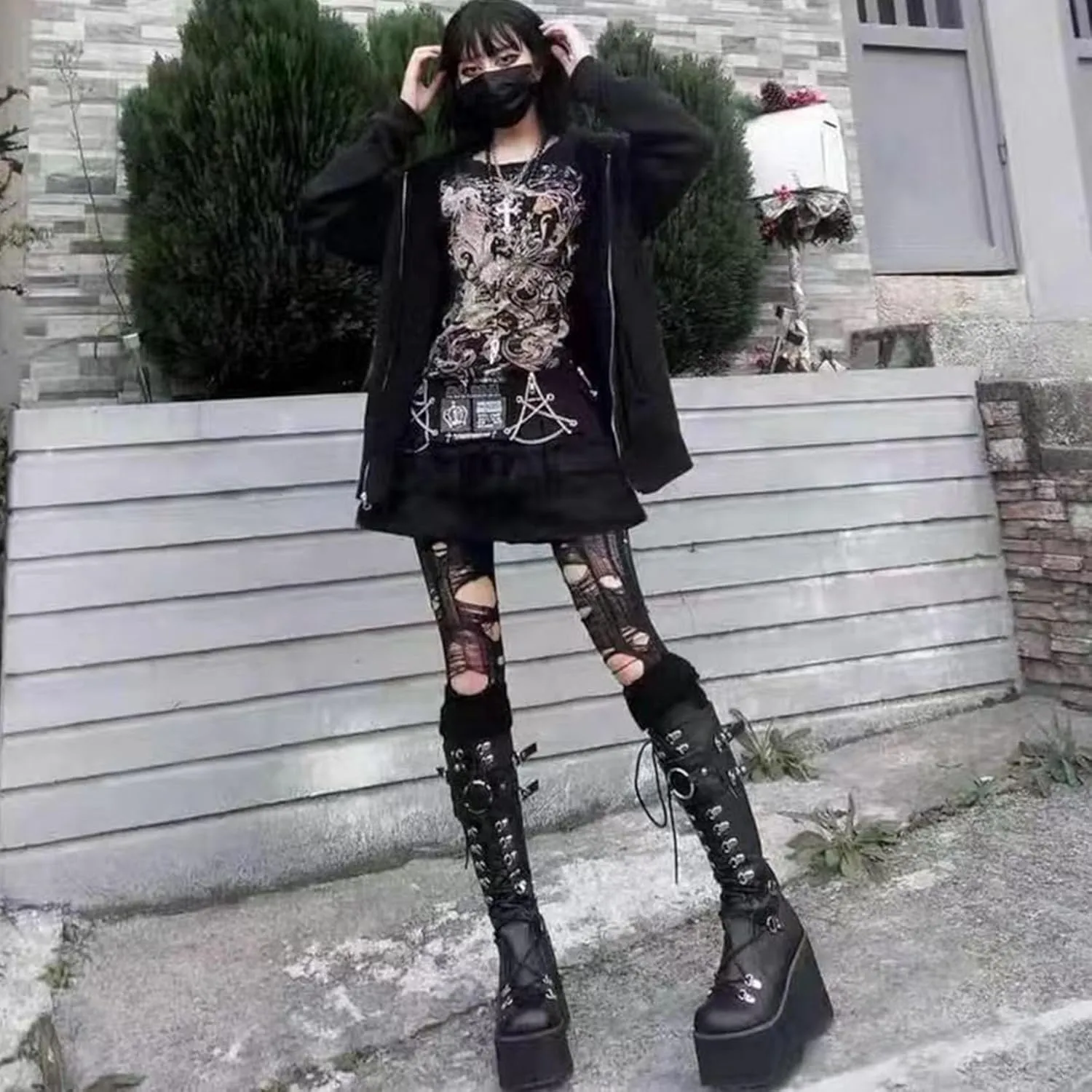 KOKOMOMO Womens Chains Goth Platform Boots Lace Up Chunky Heel Knee High Combat Military Boots