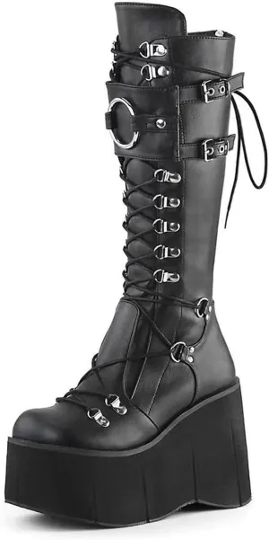 KOKOMOMO Womens Chains Goth Platform Boots Lace Up Chunky Heel Knee High Combat Military Boots