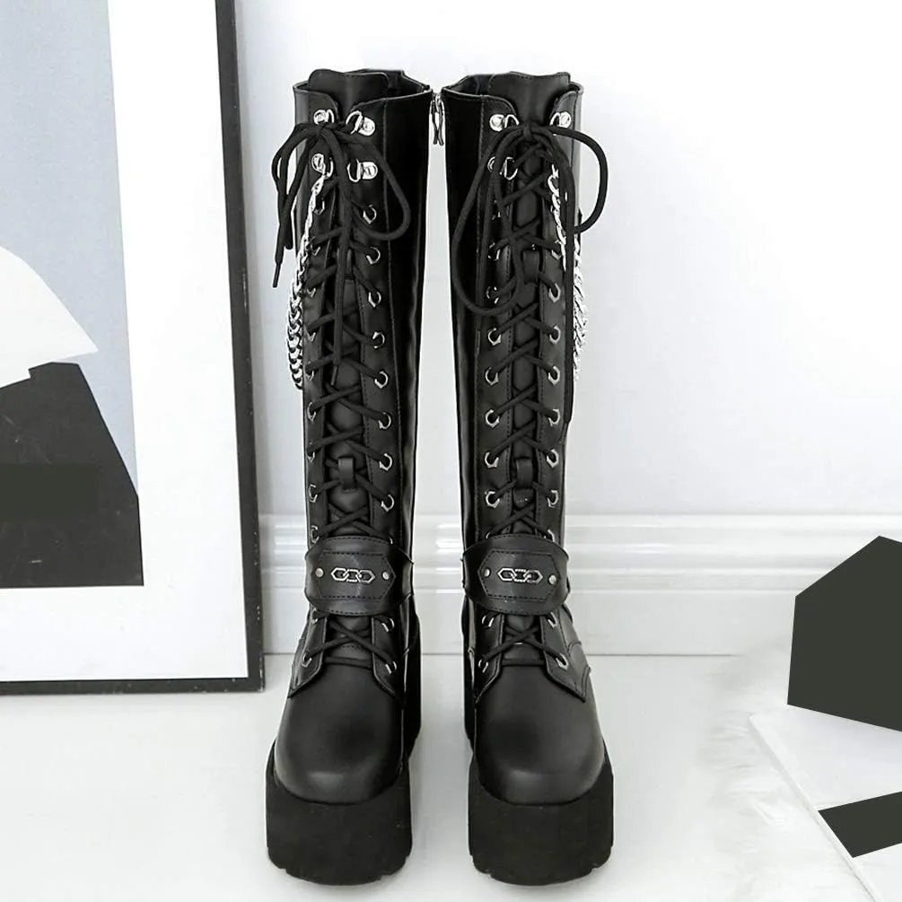 KOKOMOMO Womens Chains Goth Platform Boots Lace Up Chunky Heel Knee High Combat Military Boots