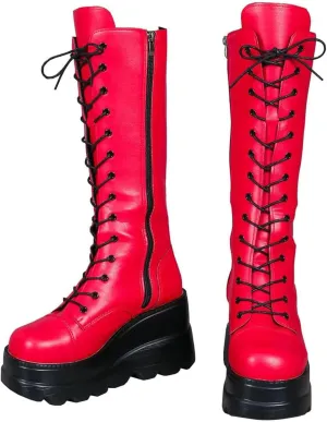 KOKOMOMO Womens Chains Goth Platform Boots Lace Up Chunky Heel Knee High Combat Military Boots
