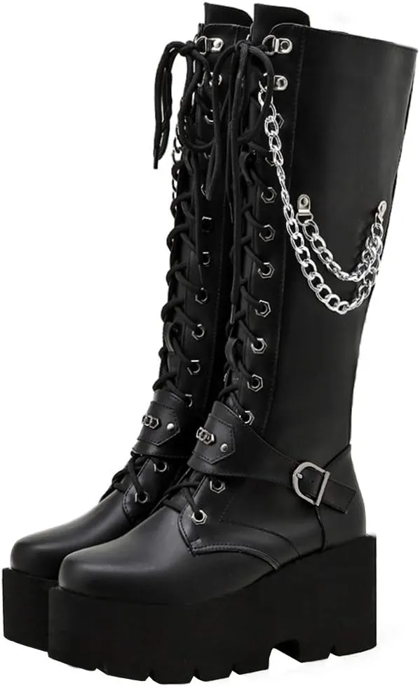 KOKOMOMO Womens Chains Goth Platform Boots Lace Up Chunky Heel Knee High Combat Military Boots