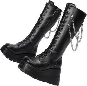 KOKOMOMO Womens Chains Goth Platform Boots Lace Up Chunky Heel Knee High Combat Military Boots