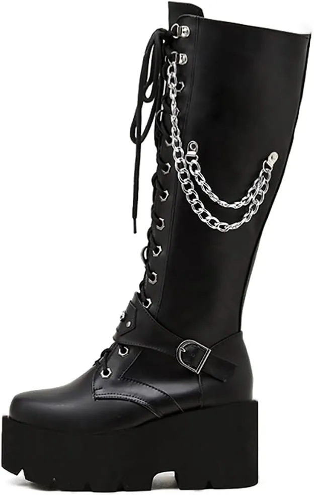KOKOMOMO Womens Chains Goth Platform Boots Lace Up Chunky Heel Knee High Combat Military Boots