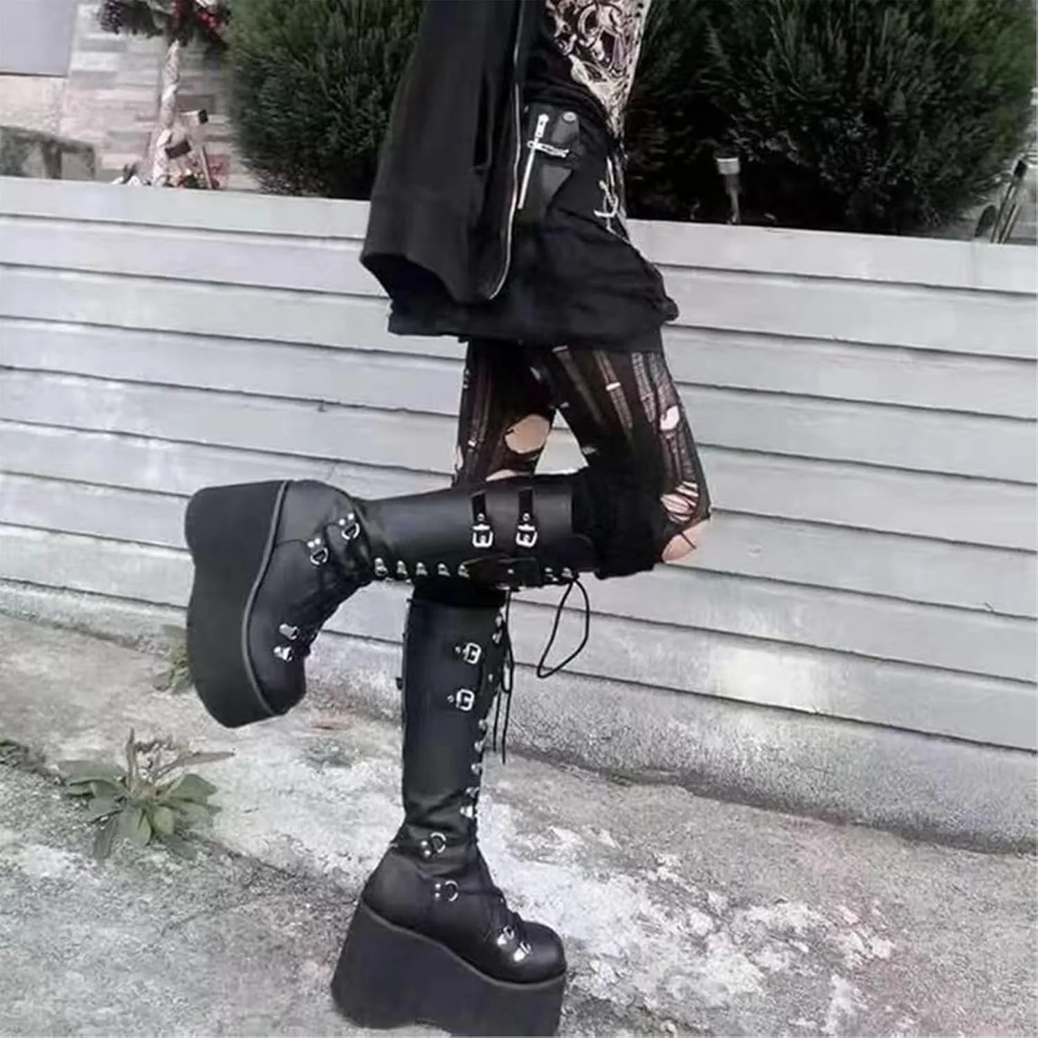 KOKOMOMO Womens Chains Goth Platform Boots Lace Up Chunky Heel Knee High Combat Military Boots