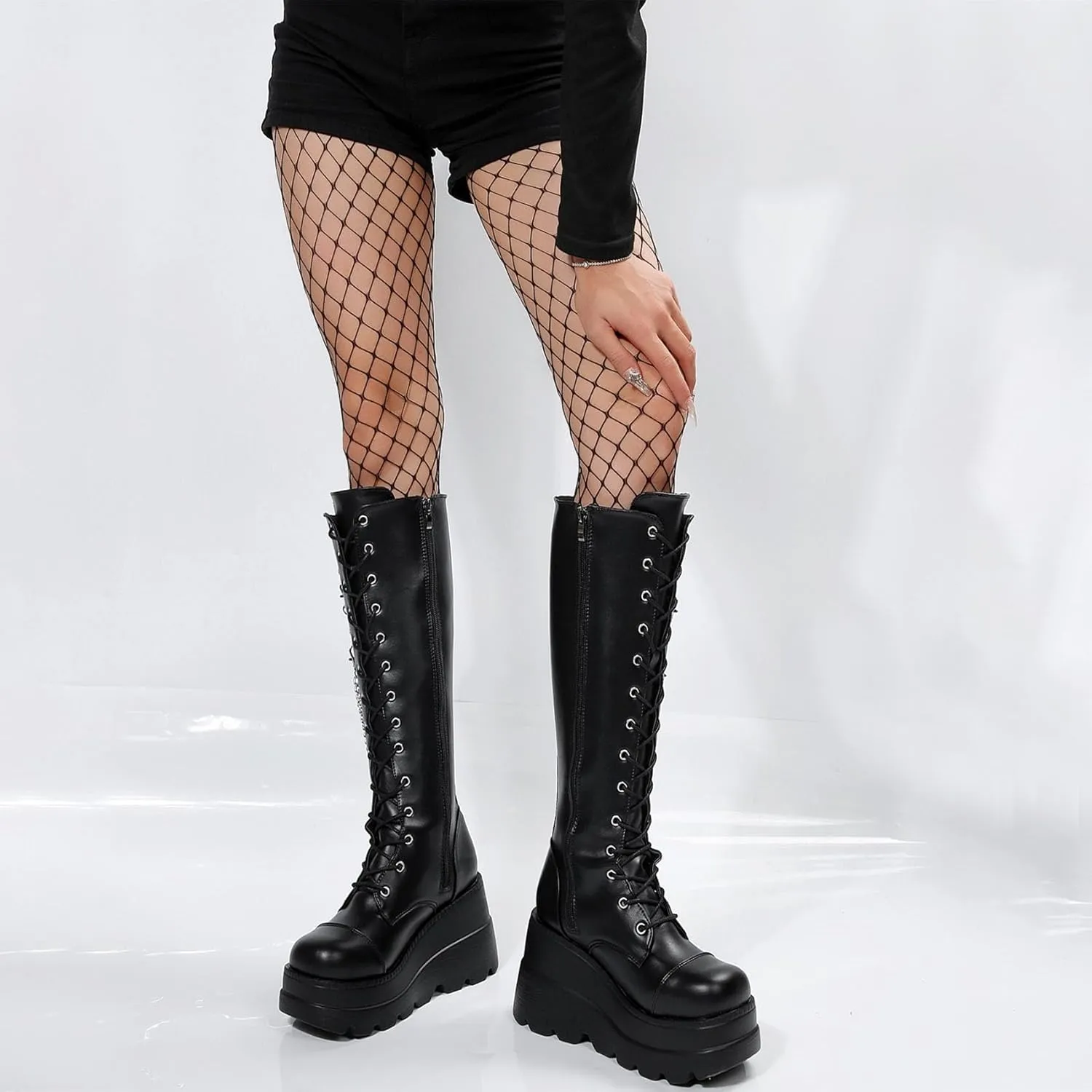 KOKOMOMO Womens Chains Goth Platform Boots Lace Up Chunky Heel Knee High Combat Military Boots