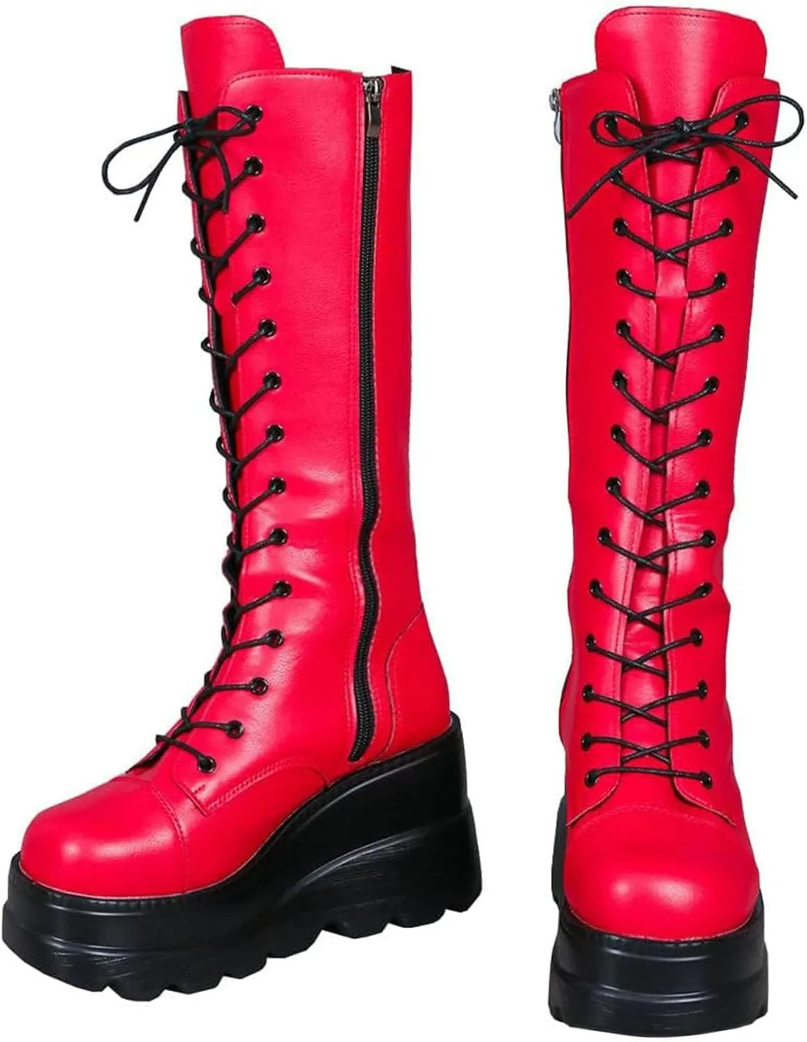 KOKOMOMO Womens Chains Goth Platform Boots Lace Up Chunky Heel Knee High Combat Military Boots