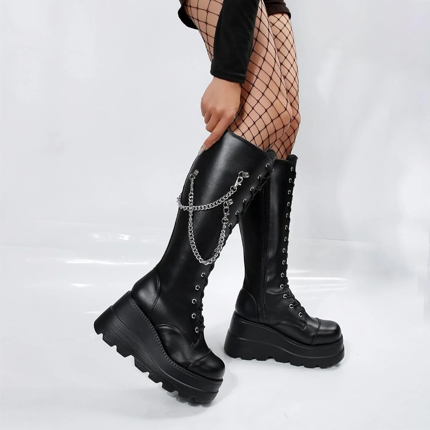 KOKOMOMO Womens Chains Goth Platform Boots Lace Up Chunky Heel Knee High Combat Military Boots