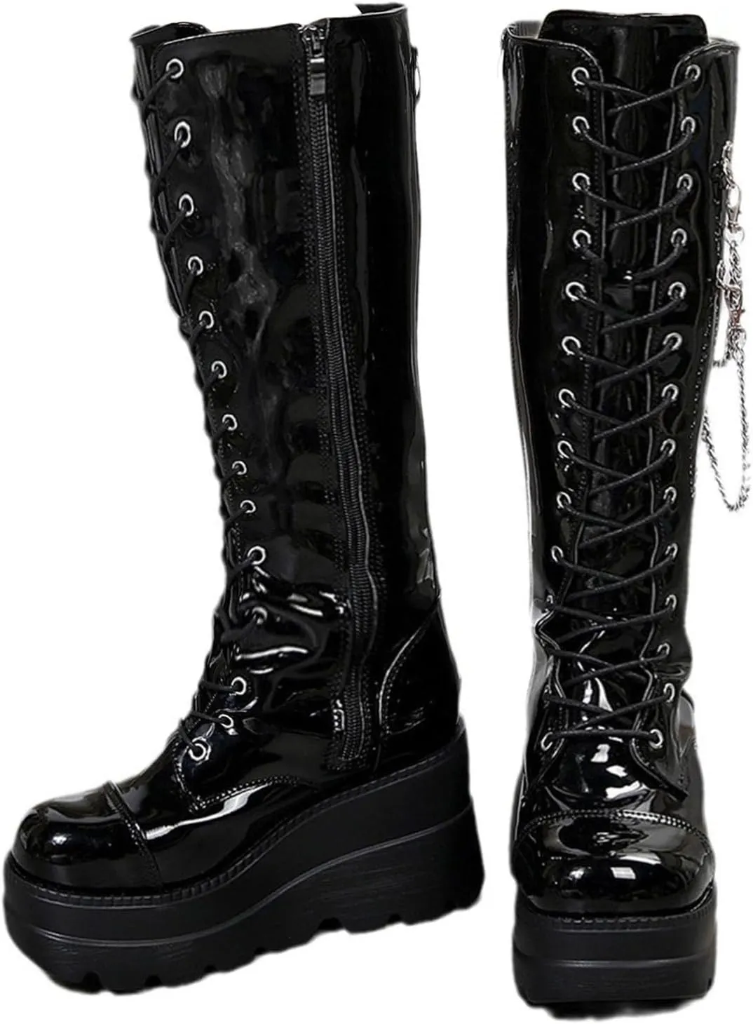 KOKOMOMO Womens Chains Goth Platform Boots Lace Up Chunky Heel Knee High Combat Military Boots