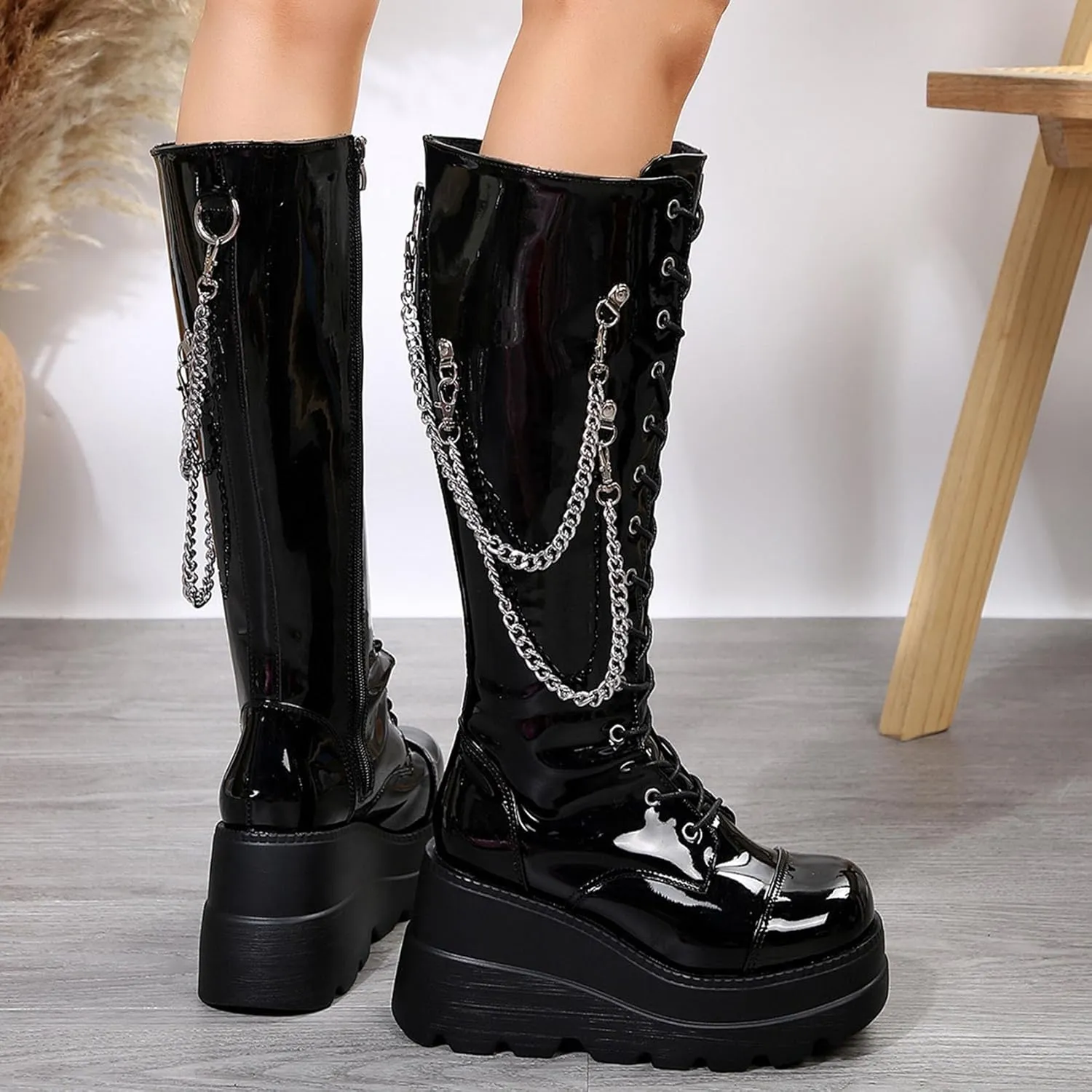 KOKOMOMO Womens Chains Goth Platform Boots Lace Up Chunky Heel Knee High Combat Military Boots