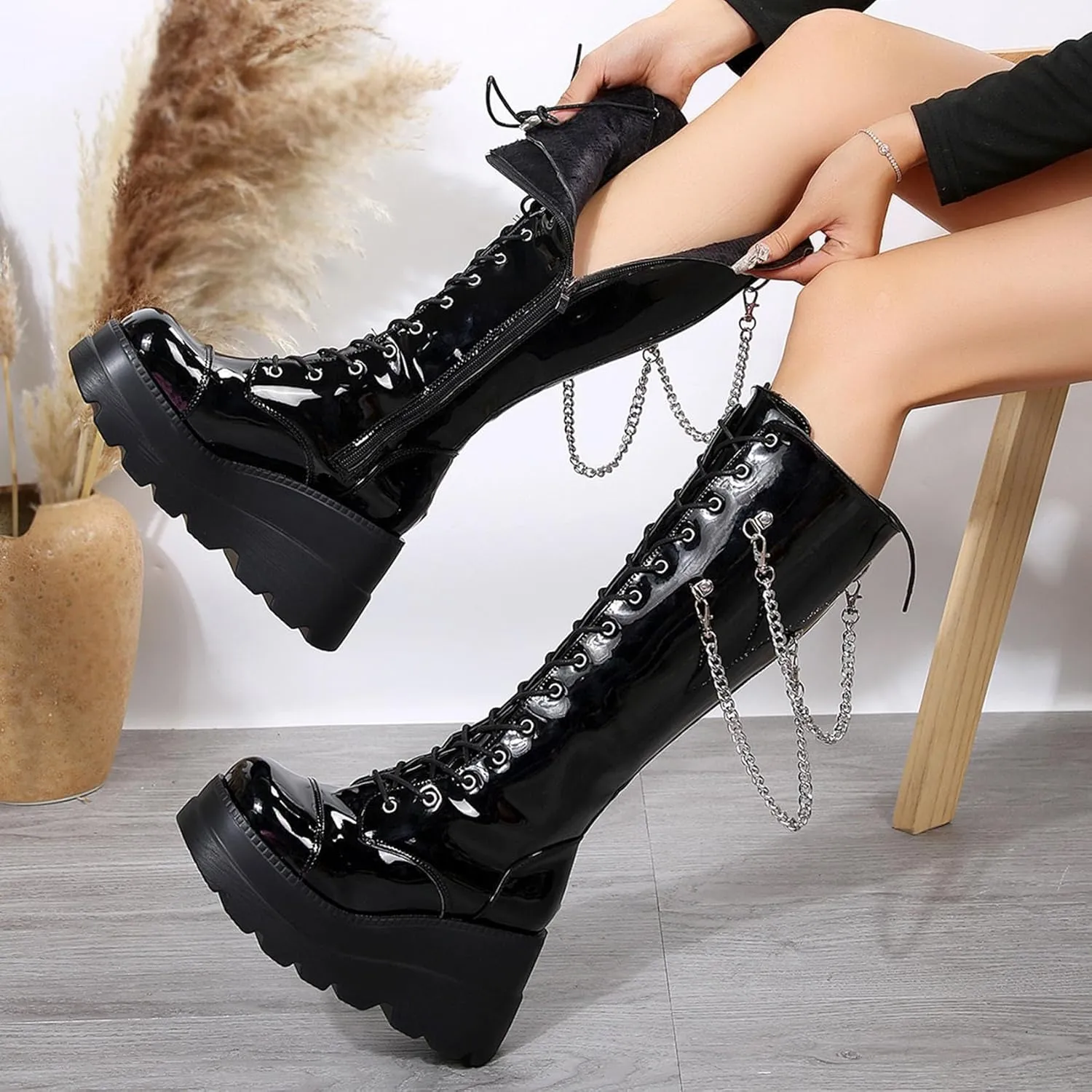 KOKOMOMO Womens Chains Goth Platform Boots Lace Up Chunky Heel Knee High Combat Military Boots