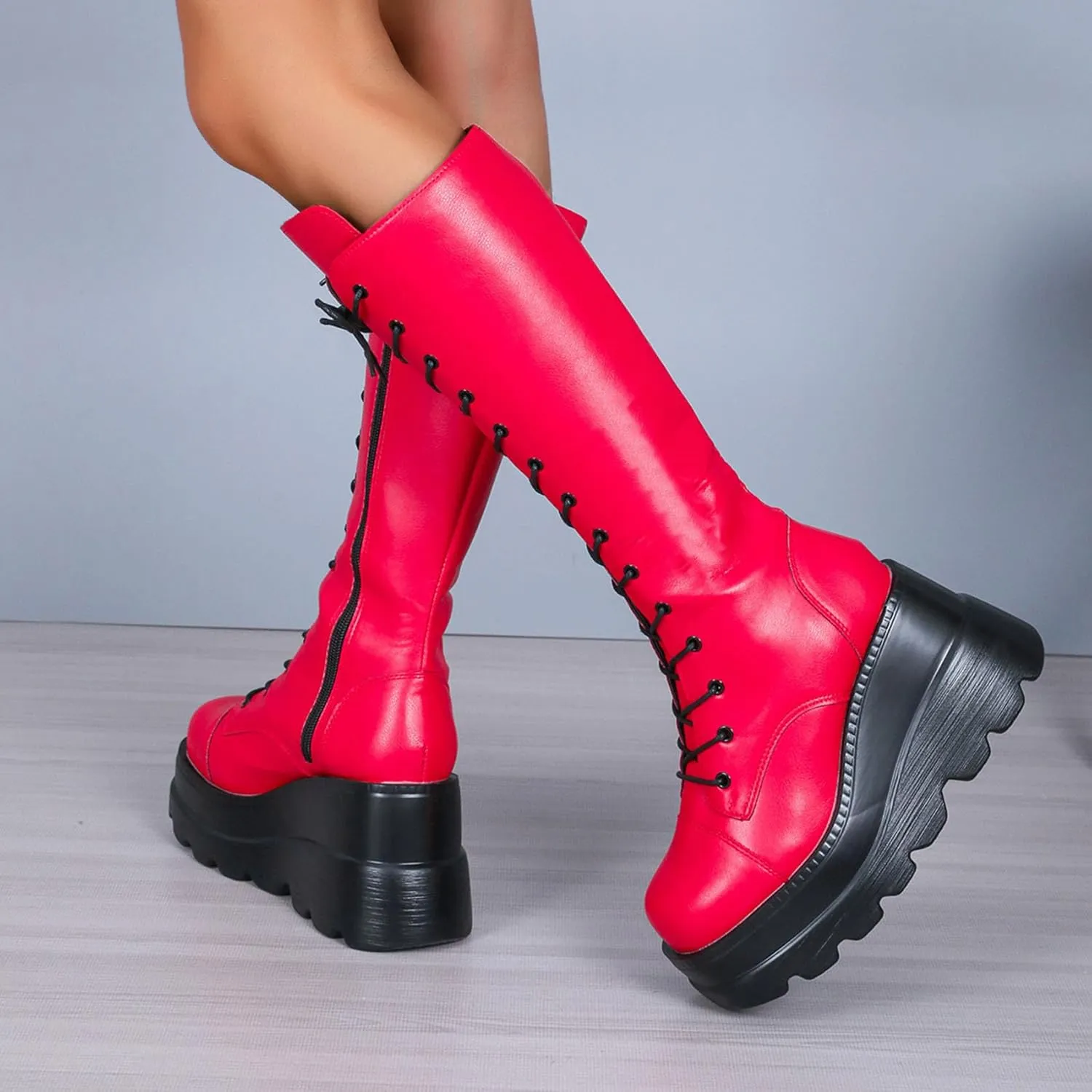 KOKOMOMO Womens Chains Goth Platform Boots Lace Up Chunky Heel Knee High Combat Military Boots