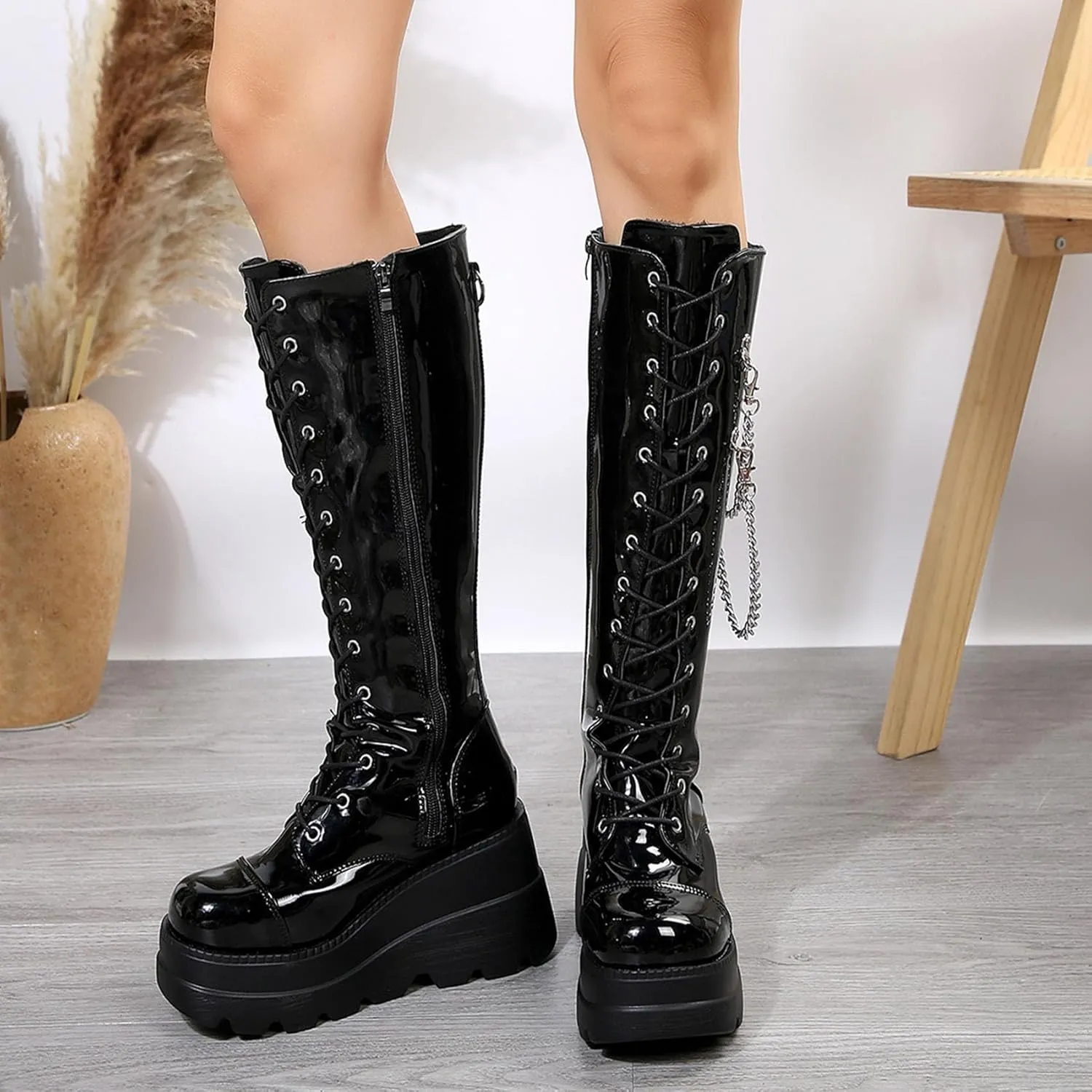 KOKOMOMO Womens Chains Goth Platform Boots Lace Up Chunky Heel Knee High Combat Military Boots