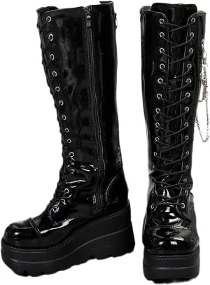 KOKOMOMO Womens Chains Goth Platform Boots Lace Up Chunky Heel Knee High Combat Military Boots