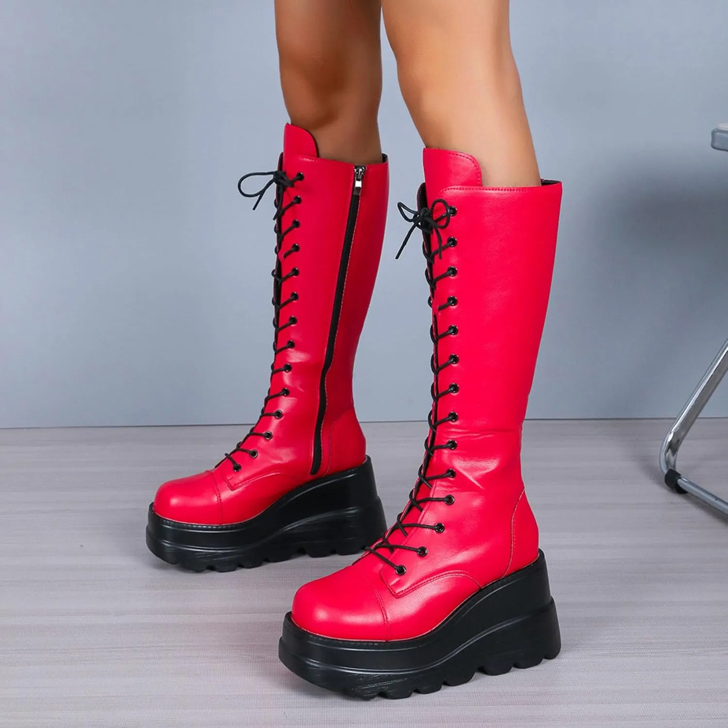 KOKOMOMO Womens Chains Goth Platform Boots Lace Up Chunky Heel Knee High Combat Military Boots