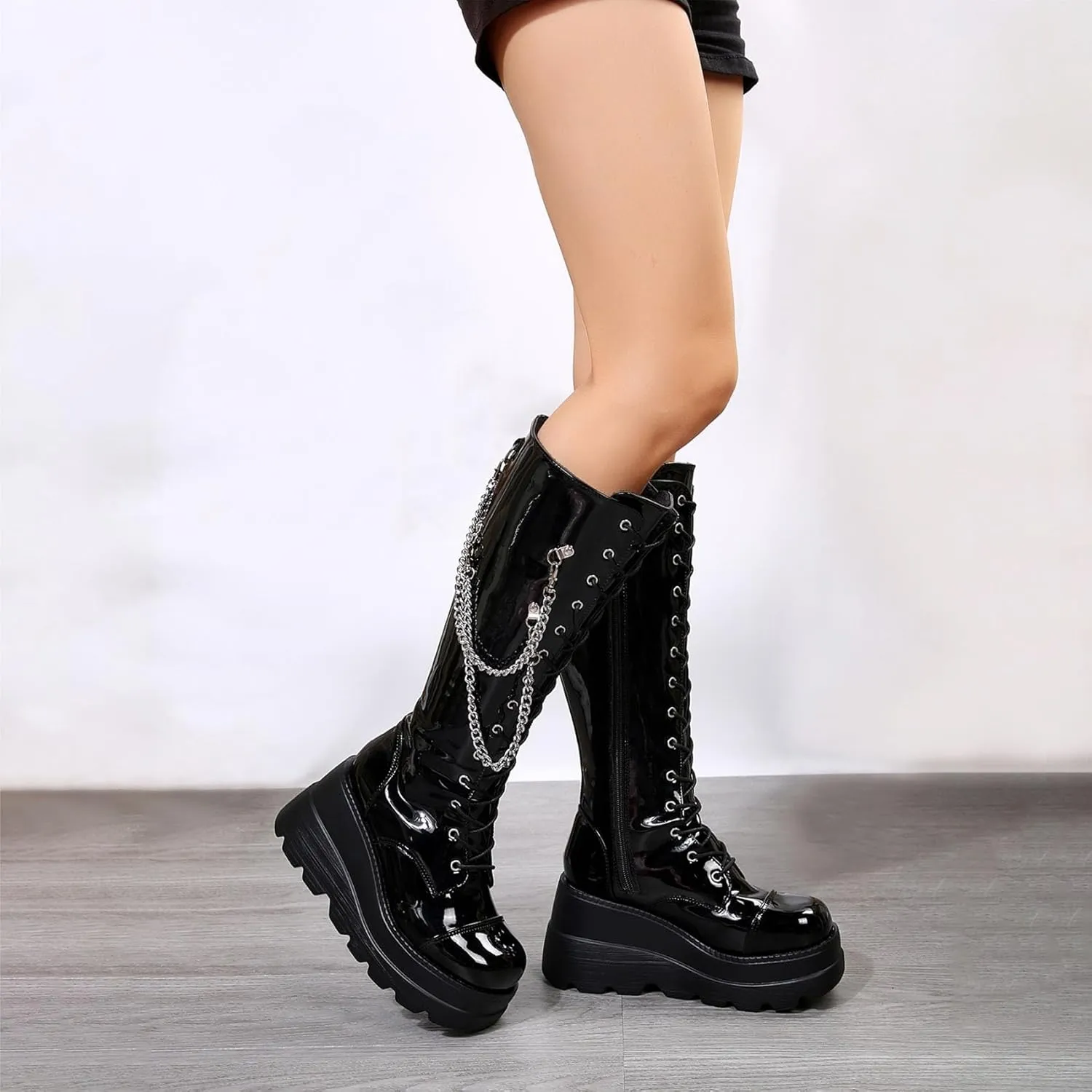 KOKOMOMO Womens Chains Goth Platform Boots Lace Up Chunky Heel Knee High Combat Military Boots