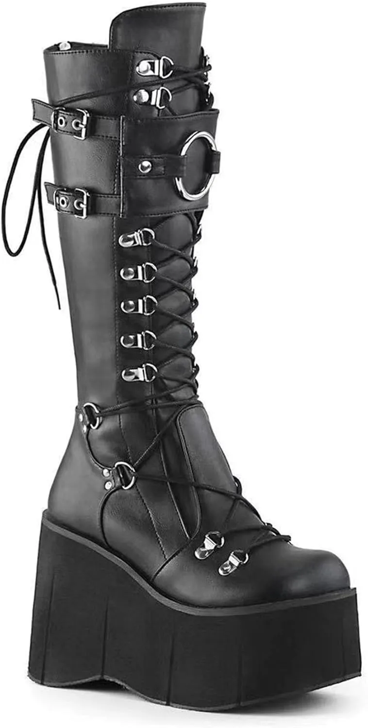 KOKOMOMO Womens Chains Goth Platform Boots Lace Up Chunky Heel Knee High Combat Military Boots