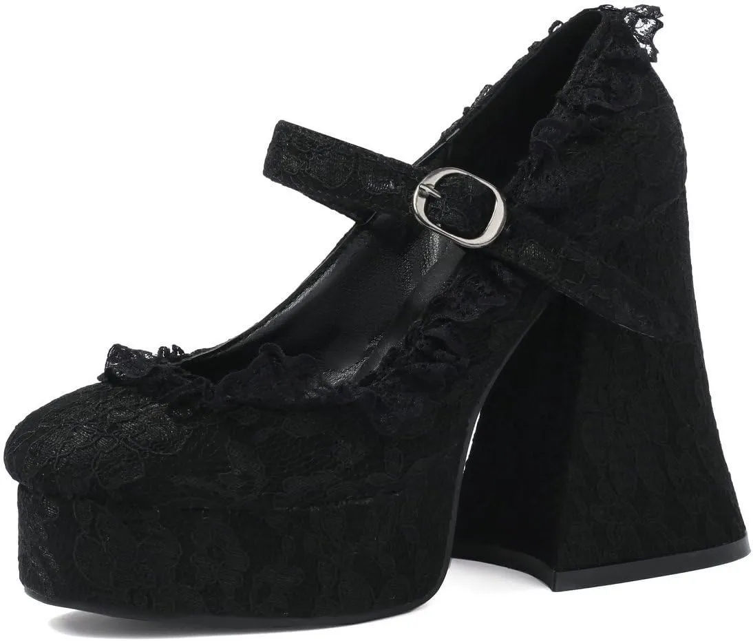 KOKOMOMO Womens Lace Flower Heels Goth Platform Shoes Chunky High Heel Mary Janes Gothic Shoe