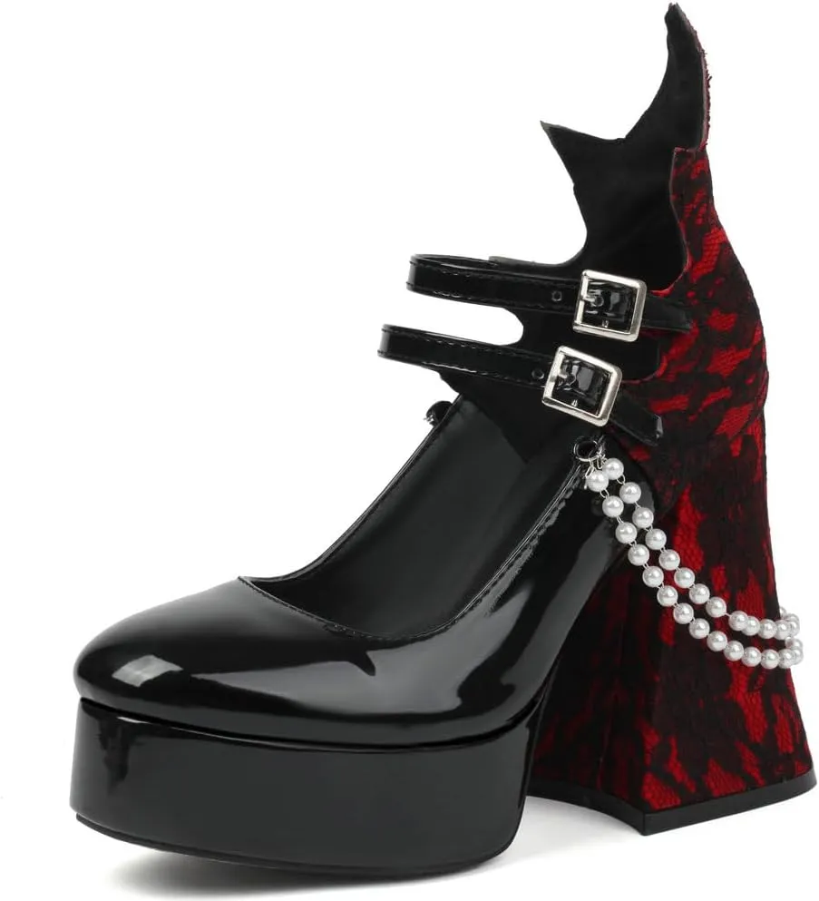 KOKOMOMO Womens Lace Flower Heels Goth Platform Shoes Chunky High Heel Mary Janes Gothic Shoe