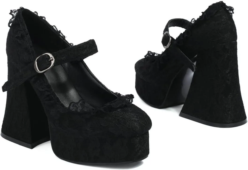 KOKOMOMO Womens Lace Flower Heels Goth Platform Shoes Chunky High Heel Mary Janes Gothic Shoe