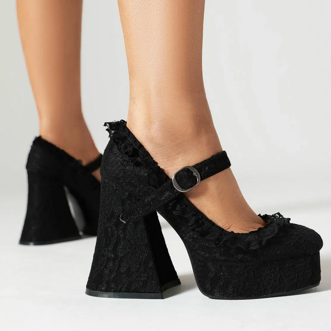 KOKOMOMO Womens Lace Flower Heels Goth Platform Shoes Chunky High Heel Mary Janes Gothic Shoe