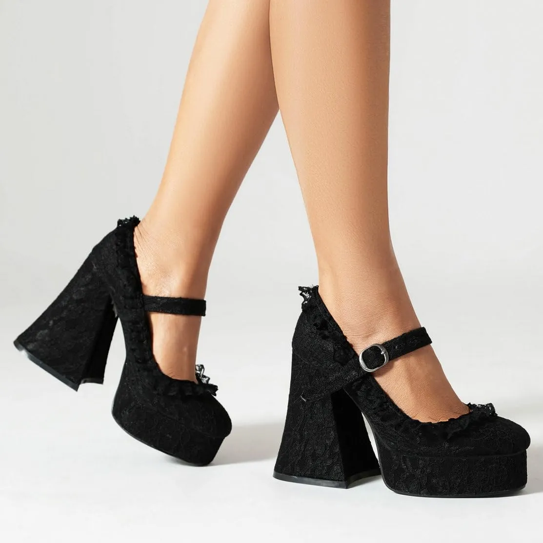KOKOMOMO Womens Lace Flower Heels Goth Platform Shoes Chunky High Heel Mary Janes Gothic Shoe
