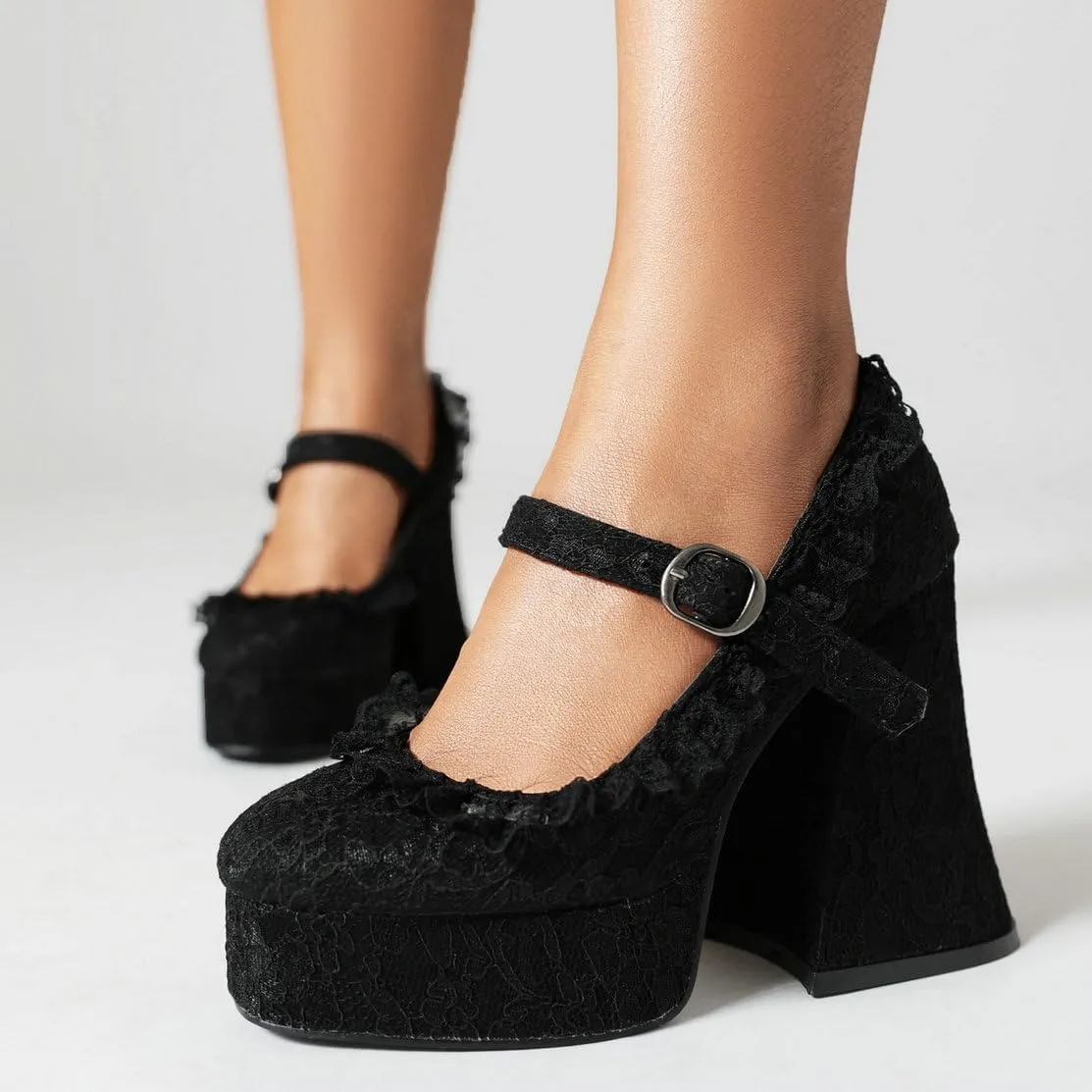 KOKOMOMO Womens Lace Flower Heels Goth Platform Shoes Chunky High Heel Mary Janes Gothic Shoe