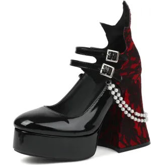 KOKOMOMO Womens Lace Flower Heels Goth Platform Shoes Chunky High Heel Mary Janes Gothic Shoe