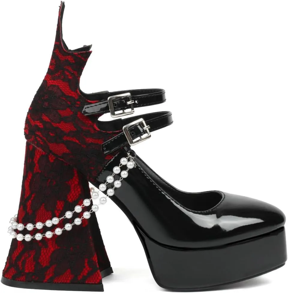 KOKOMOMO Womens Lace Flower Heels Goth Platform Shoes Chunky High Heel Mary Janes Gothic Shoe