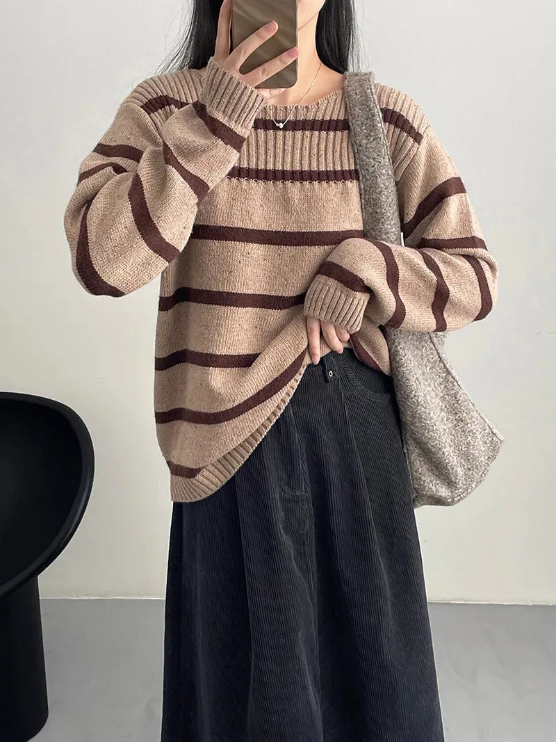 [Korean Style] 3 Colors Versatile Loose Fit Striped Sweater