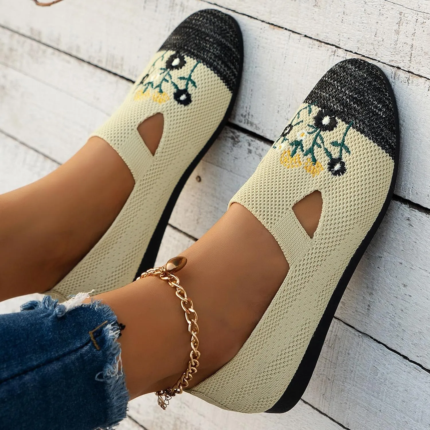 Ladies Fashion Breathable Mesh Knitted Flower Embroidery Flat Bottom Casual Shoes Cycling Casual Shoe