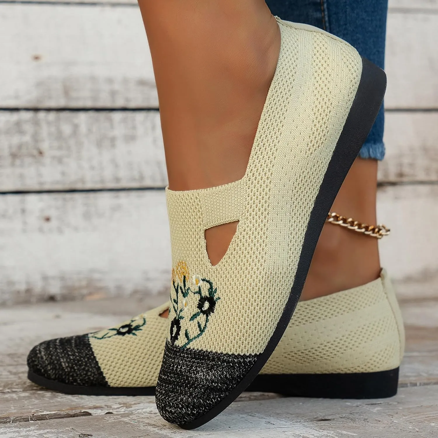 Ladies Fashion Breathable Mesh Knitted Flower Embroidery Flat Bottom Casual Shoes Cycling Casual Shoe