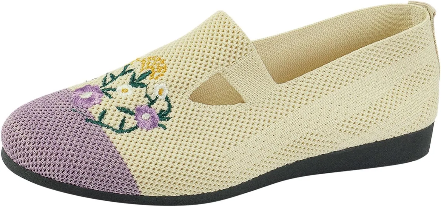 Ladies Fashion Breathable Mesh Knitted Flower Embroidery Flat Bottom Casual Shoes Cycling Casual Shoe