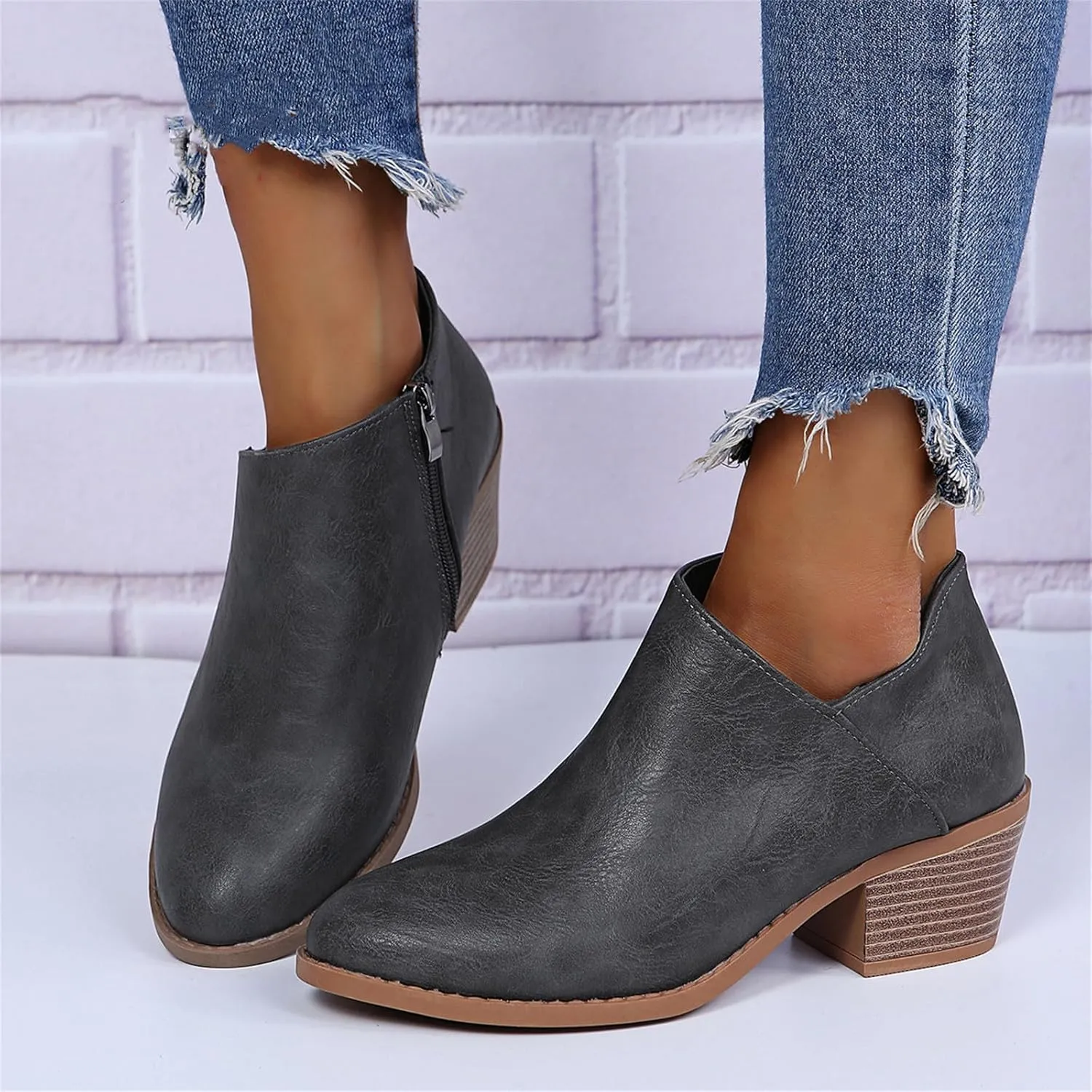 Lausiuoe Ankle Boots For Women Dressy Chunky Heel Chelsea Pump Closed Toe Booties Shoes Western Side Zipper Short Boots