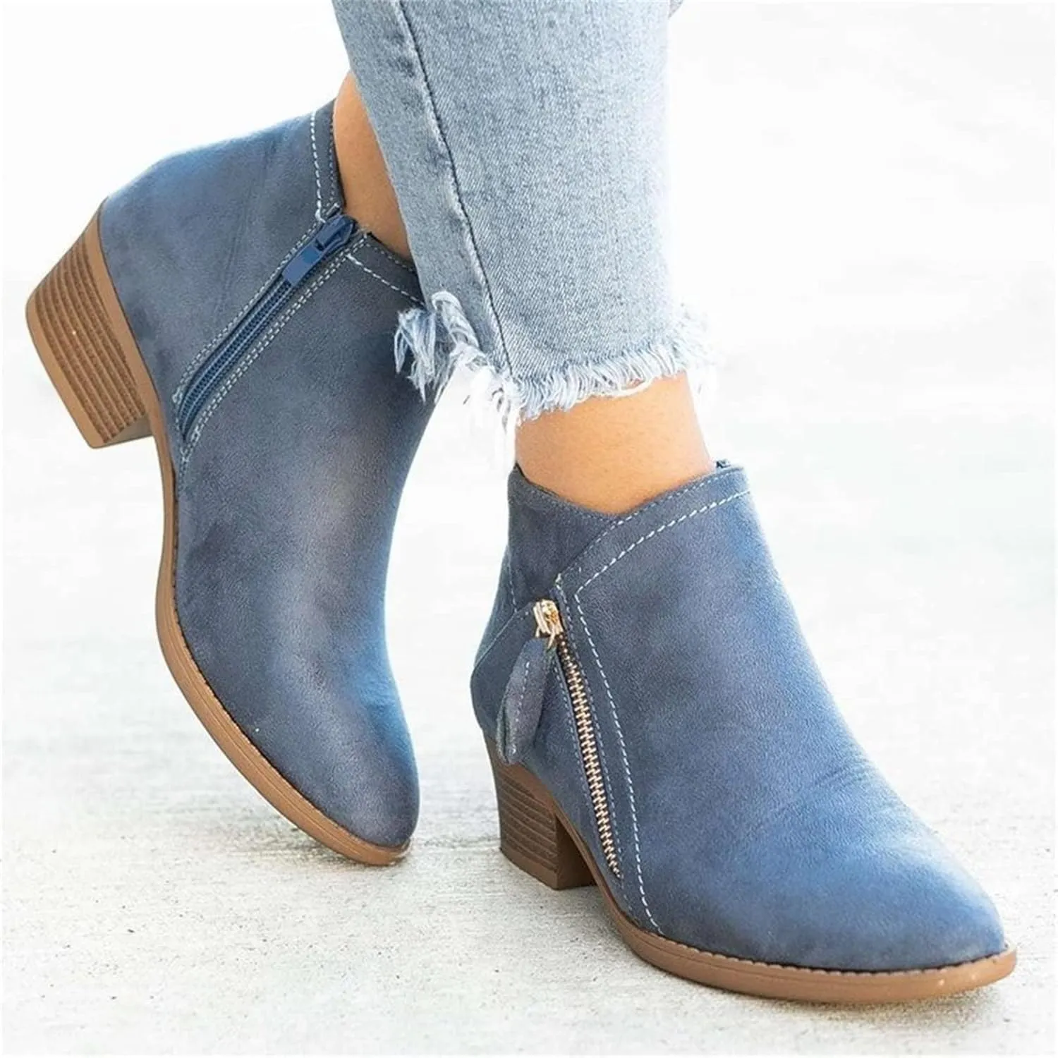 Lausiuoe Ankle Boots For Women Dressy Chunky Heel Chelsea Pump Closed Toe Booties Shoes Western Side Zipper Short Boots