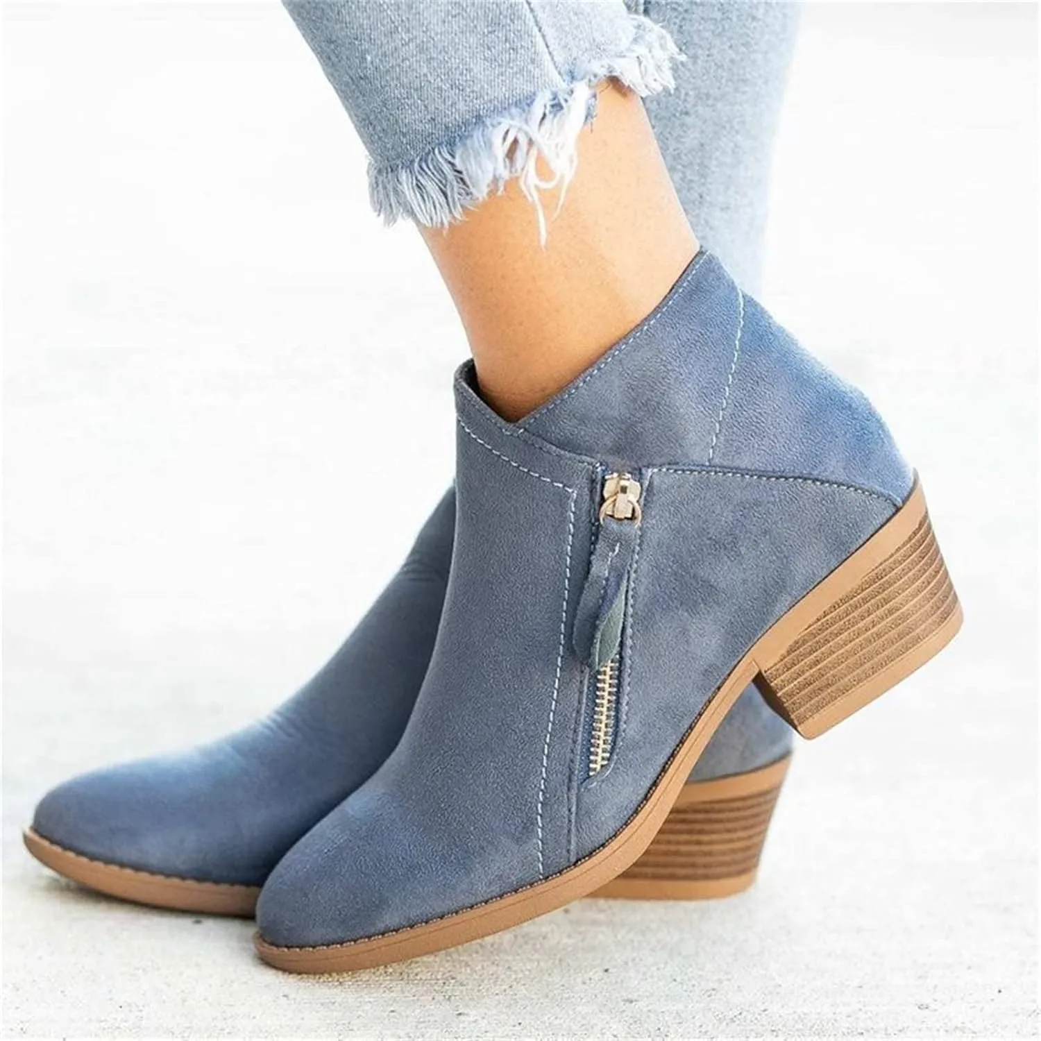 Lausiuoe Ankle Boots For Women Dressy Chunky Heel Chelsea Pump Closed Toe Booties Shoes Western Side Zipper Short Boots