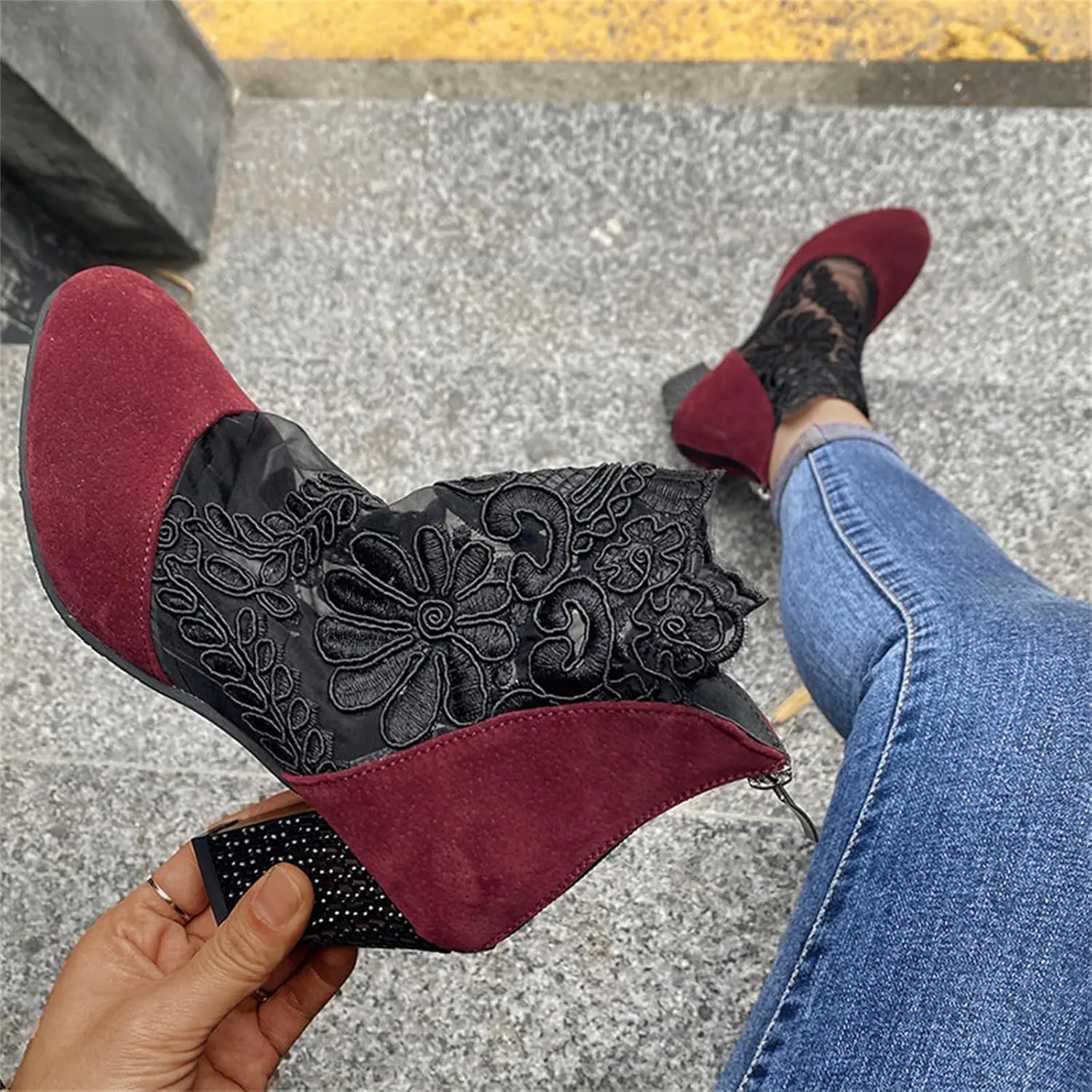 Lausiuoe Ankle Boots For Women Dressy Chunky Heel Slip on Bootie Fashion Wide Width Side Zipper Western Short Boots