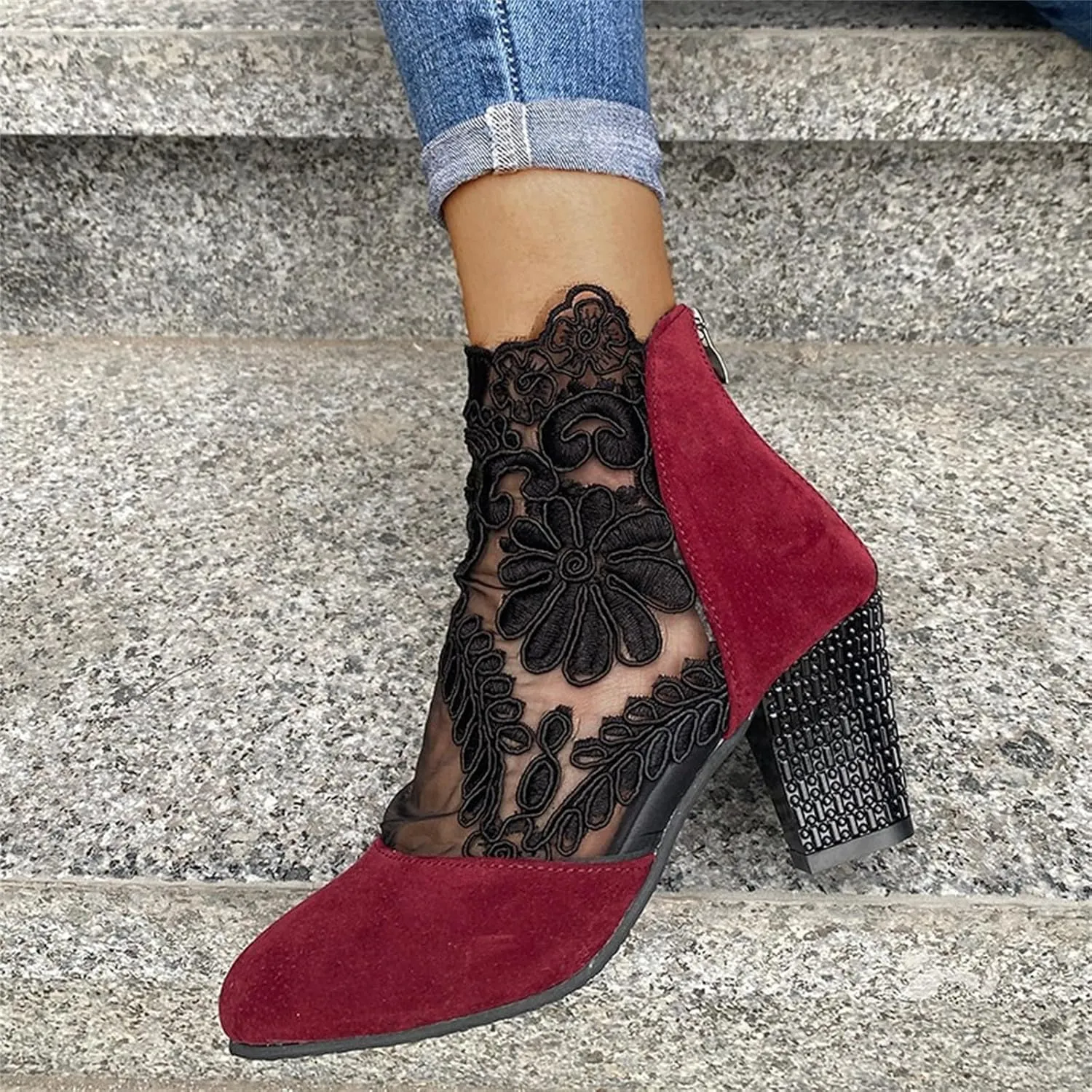Lausiuoe Ankle Boots For Women Dressy Chunky Heel Slip on Bootie Fashion Wide Width Side Zipper Western Short Boots