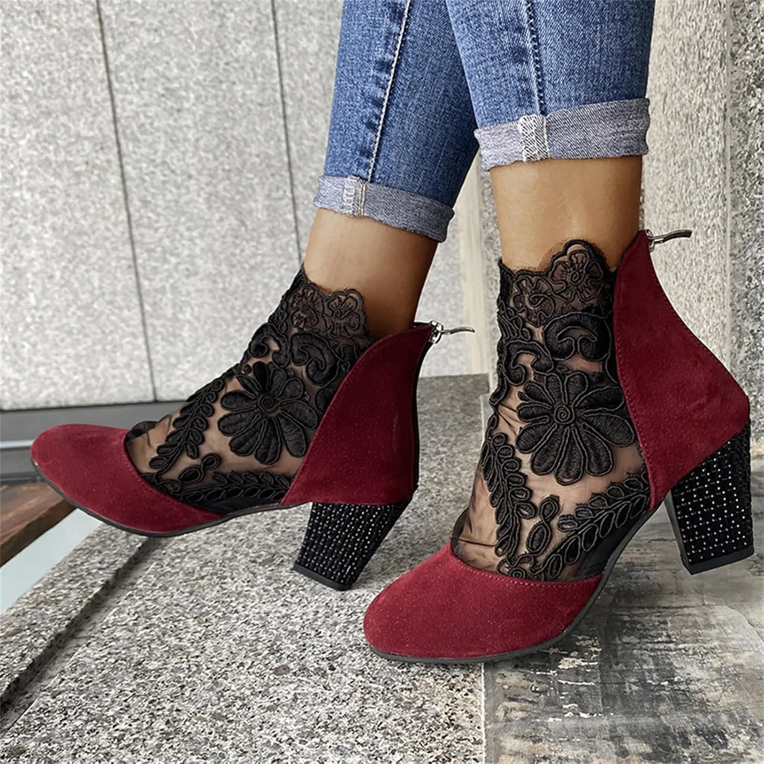 Lausiuoe Ankle Boots For Women Dressy Chunky Heel Slip on Bootie Fashion Wide Width Side Zipper Western Short Boots
