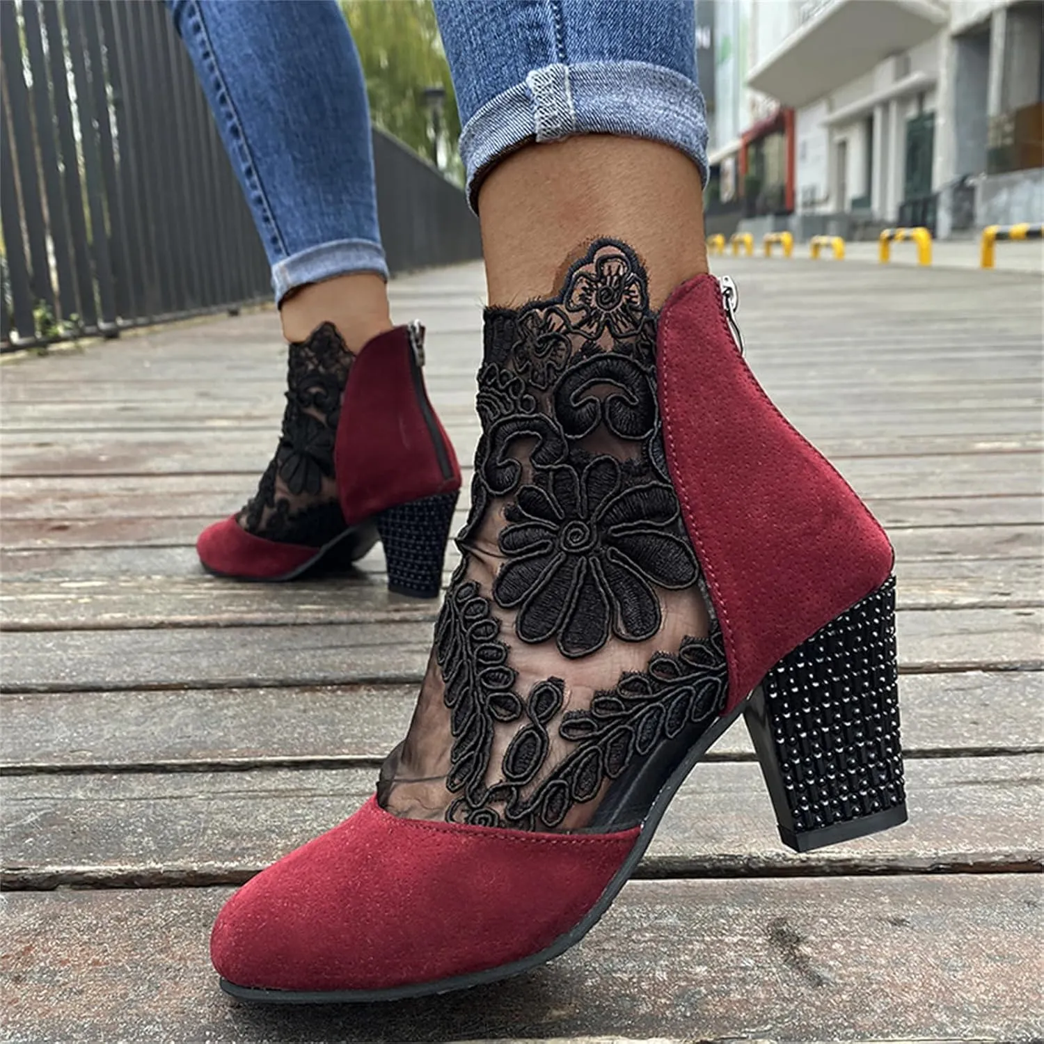 Lausiuoe Ankle Boots For Women Dressy Chunky Heel Slip on Bootie Fashion Wide Width Side Zipper Western Short Boots