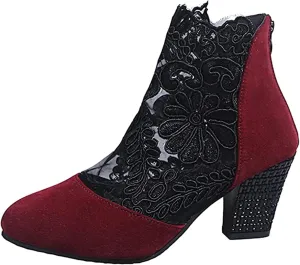 Lausiuoe Ankle Boots For Women Dressy Chunky Heel Slip on Bootie Fashion Wide Width Side Zipper Western Short Boots