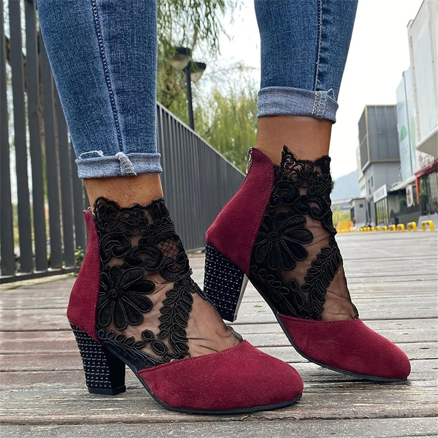 Lausiuoe Ankle Boots For Women Dressy Chunky Heel Slip on Bootie Fashion Wide Width Side Zipper Western Short Boots