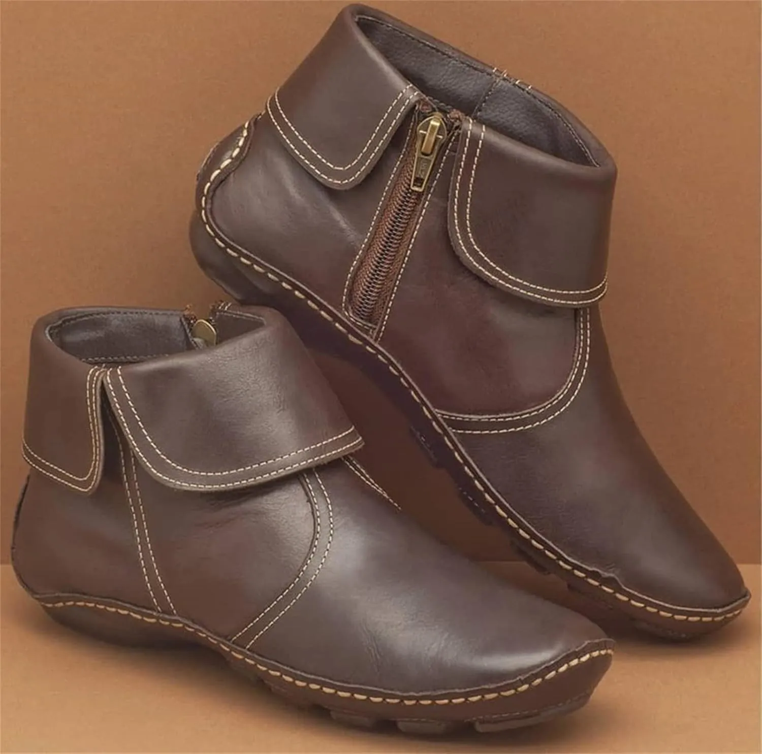 Lausiuoe Boots For Women Ankle Booties No Heel Short Boots Side Zipper Shoes Casual Dressy Fashion Flat Western Booties