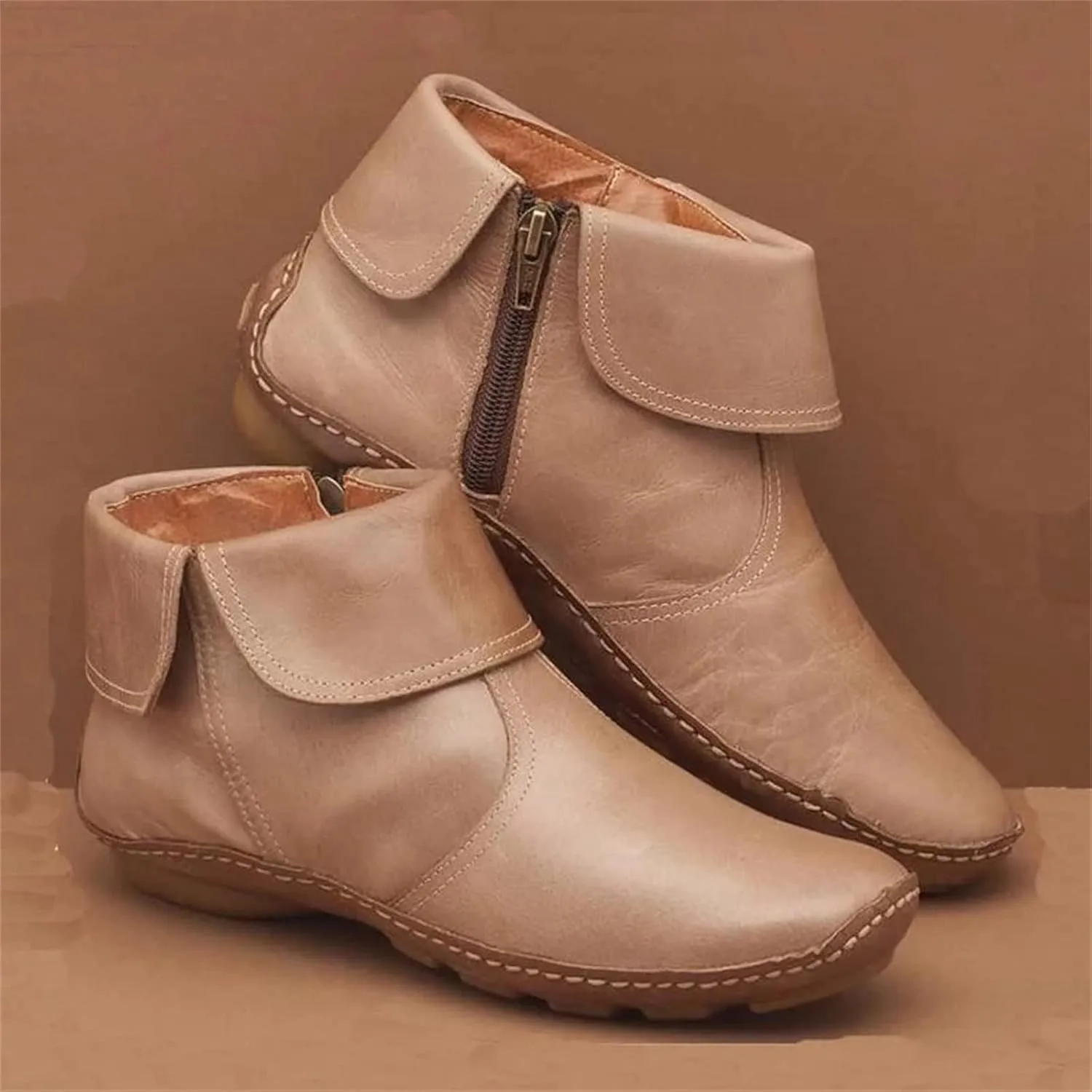 Lausiuoe Boots For Women Ankle Booties No Heel Short Boots Side Zipper Shoes Casual Dressy Fashion Flat Western Booties