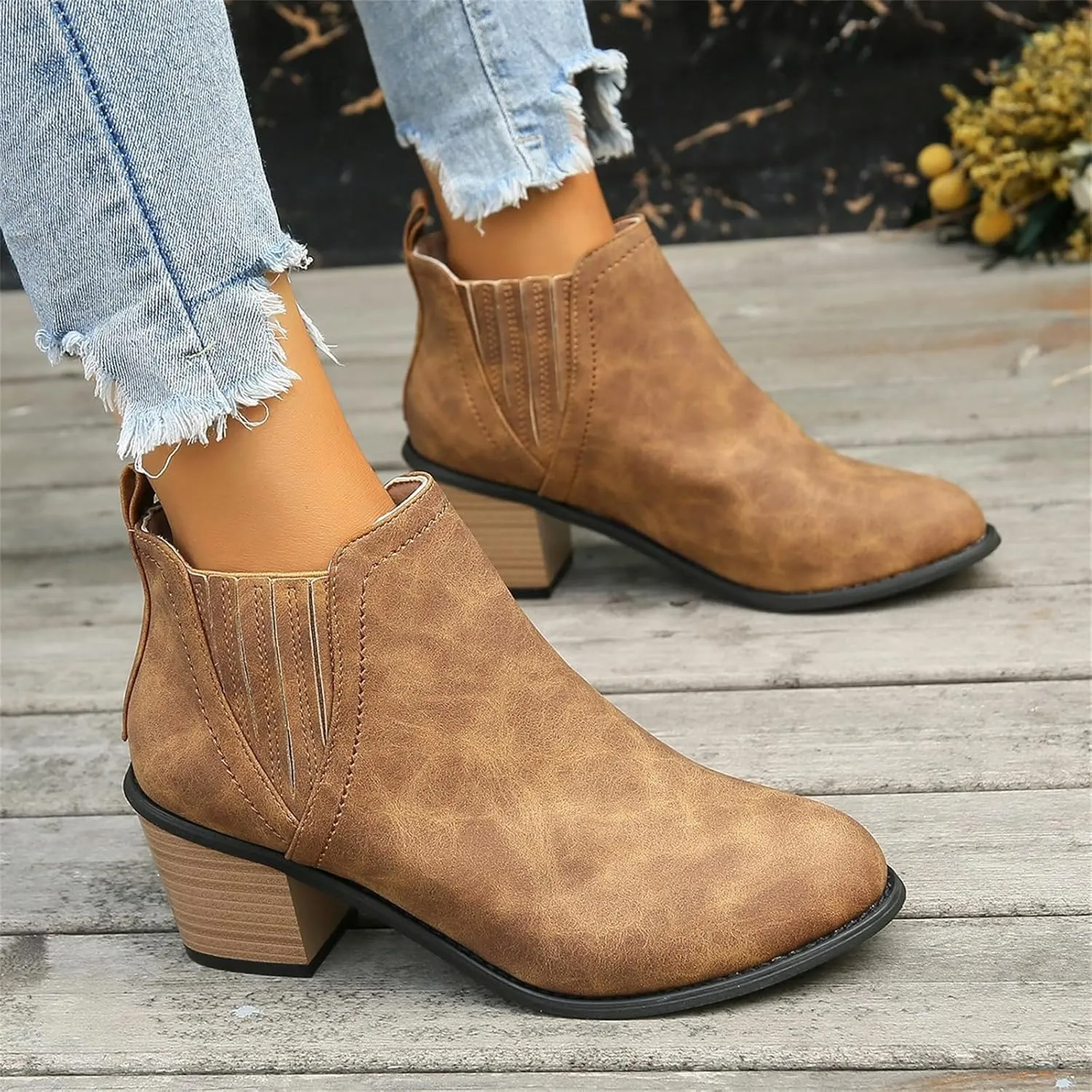 Lausiuoe Boots For Women Ankle Booties Sexy Low Heels Chunky Stacked Mid Heel Side Zipper Dressy Western Short Boots