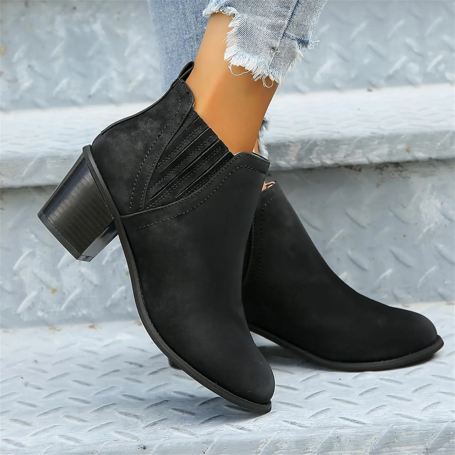 Lausiuoe Boots For Women Ankle Booties Sexy Low Heels Chunky Stacked Mid Heel Side Zipper Dressy Western Short Boots